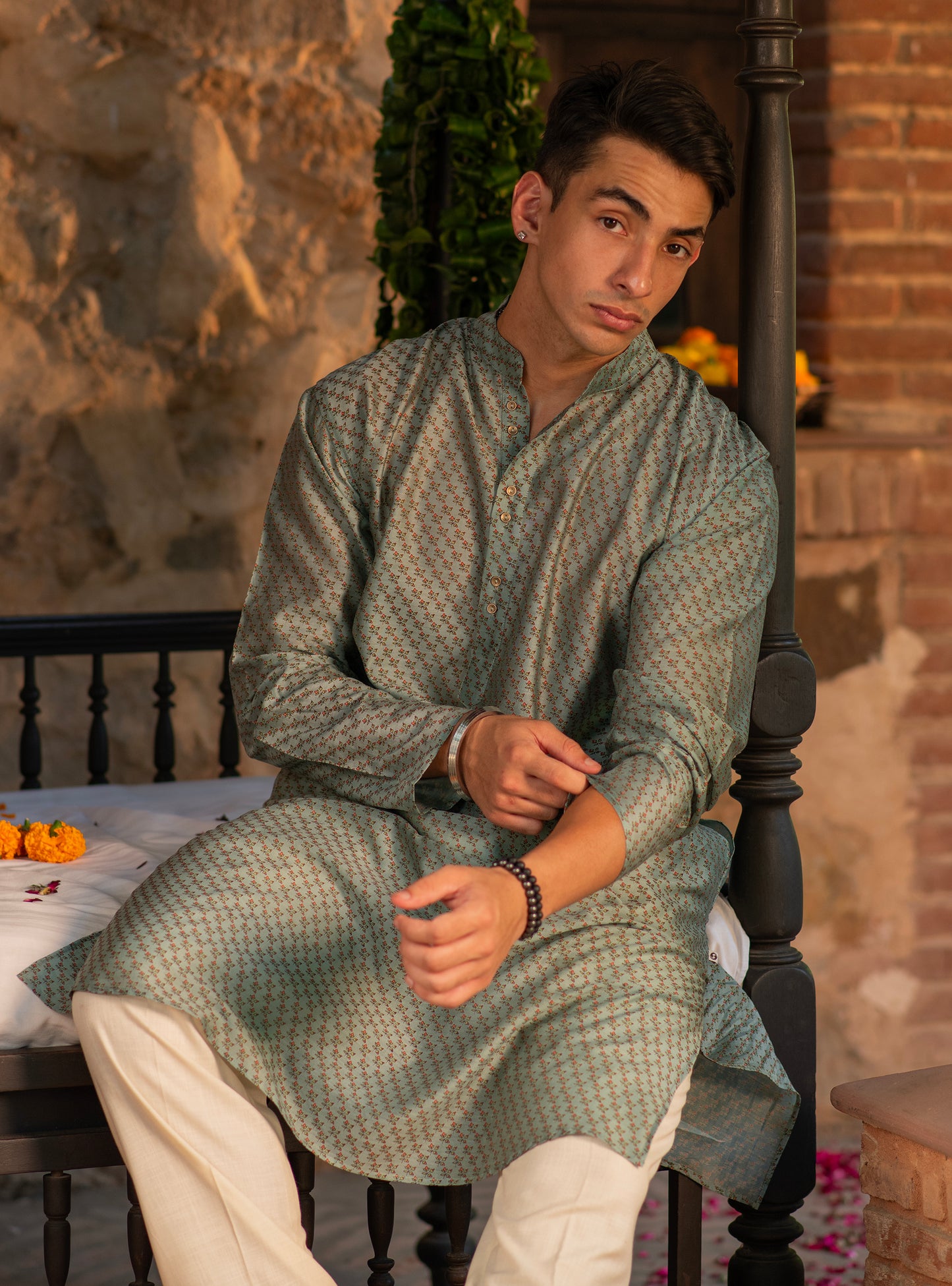 Mens Kurta Long  : Dhania Teal Chanderi