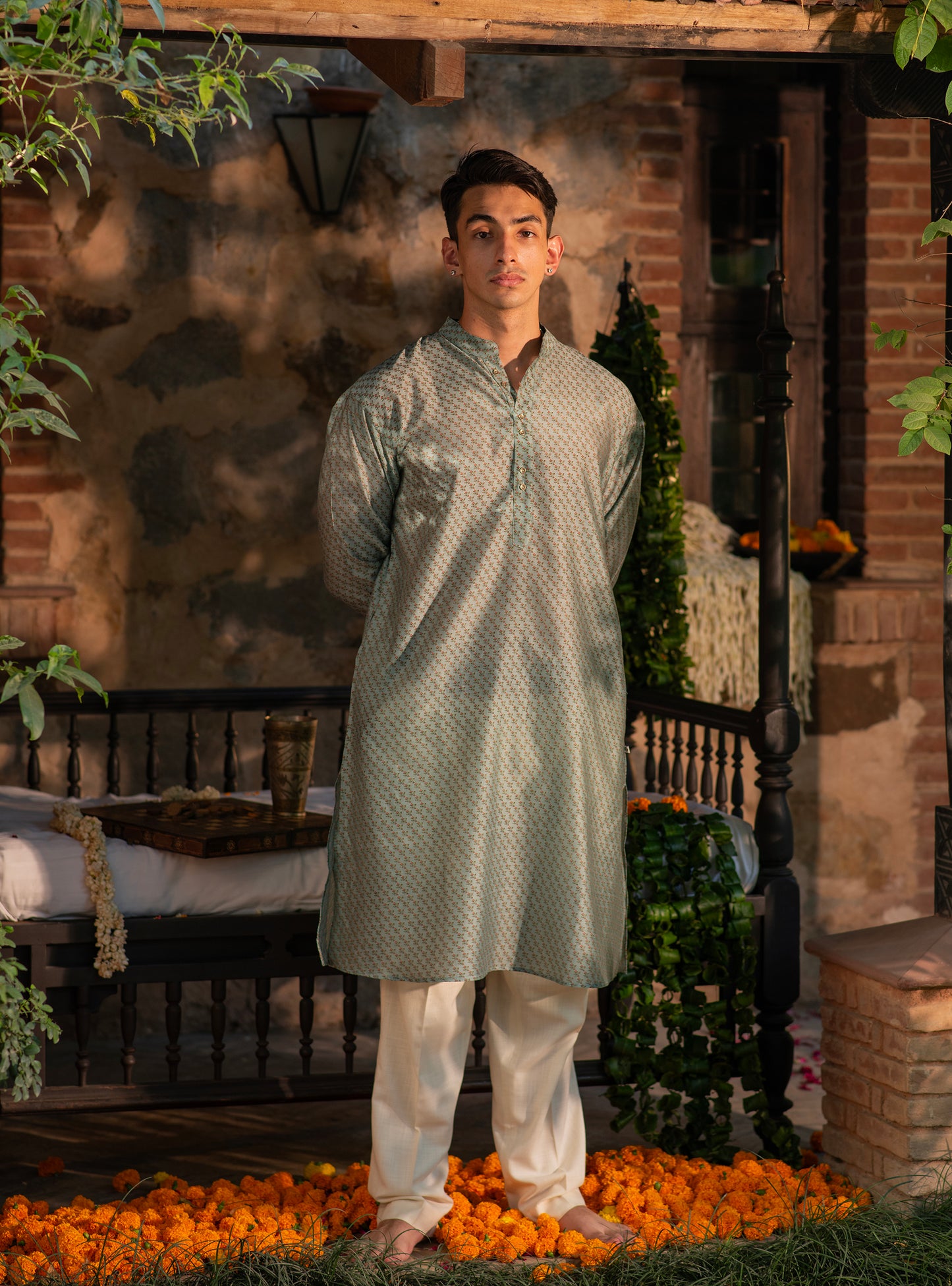 Mens Kurta Long  : Dhania Teal Chanderi