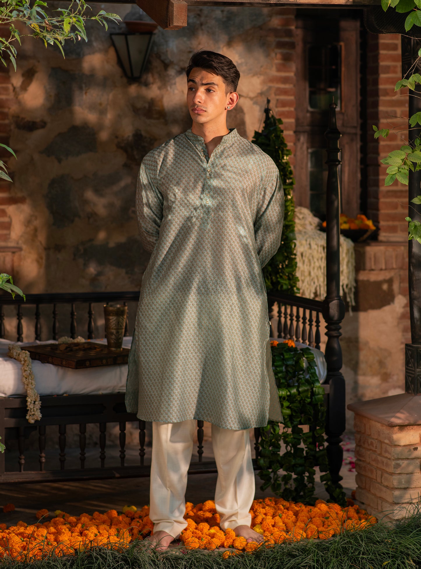 Mens Kurta Long  : Dhania Teal Chanderi