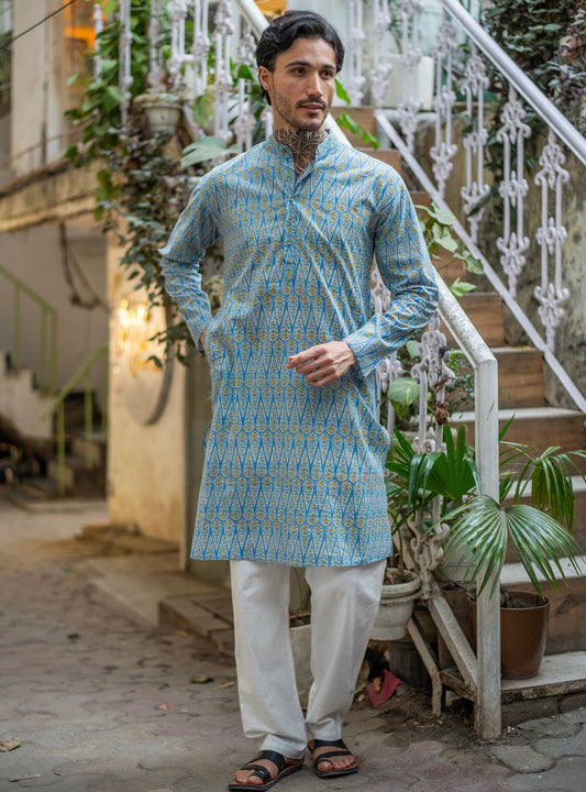 Mens Kurta Long  : Ali Boota Blue