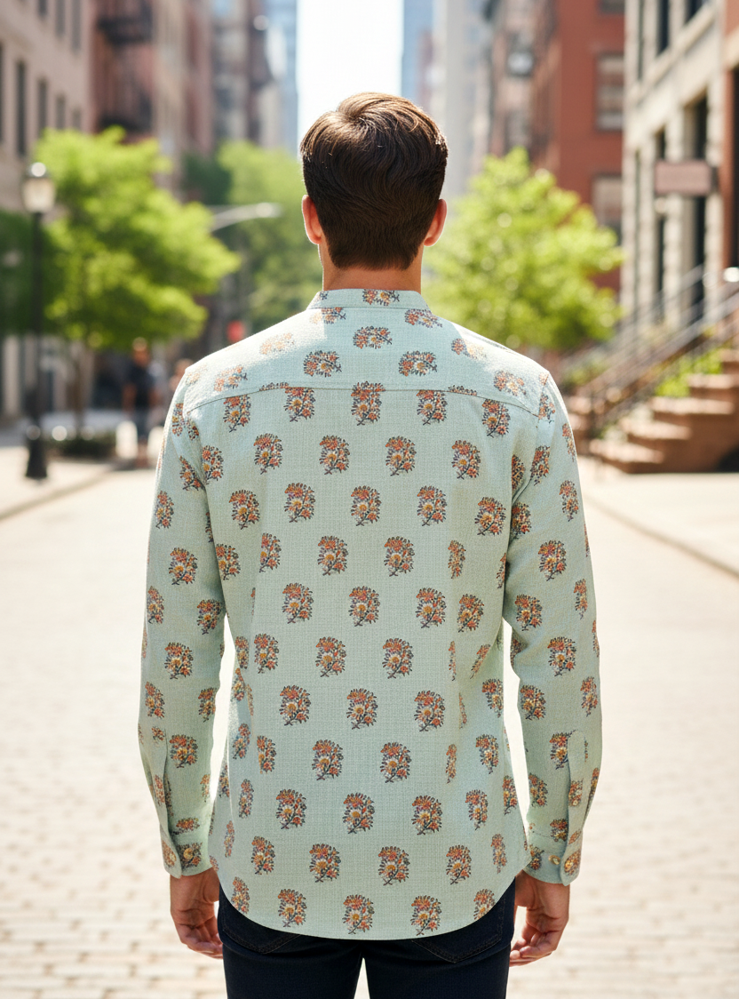 Mens Nehru Shirt Full Sleeves : Alyssa Blue Slub