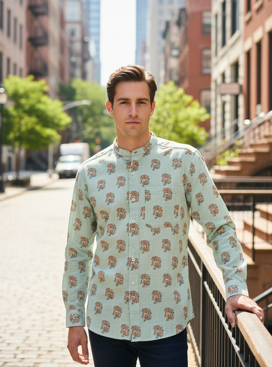 Mens Nehru Shirt Full Sleeves : Alyssa Blue Slub