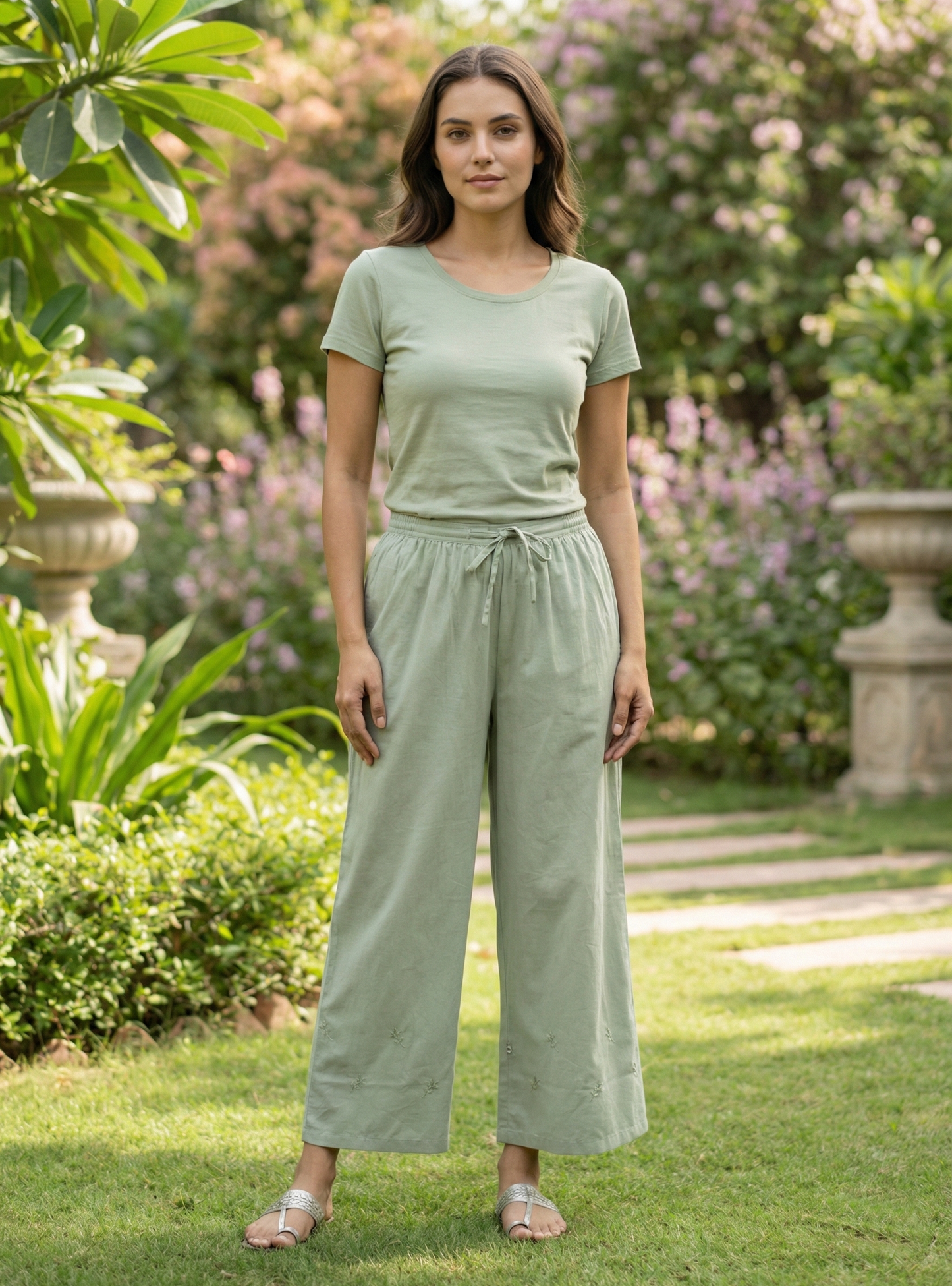 Palazzo Pant Embroidered  : Solid Sage Voile