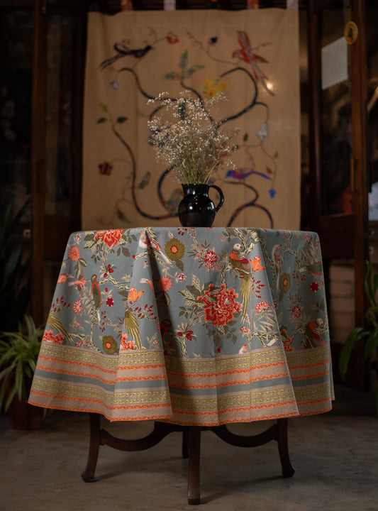 Printed Table Cloth Round With Border :  Bird  Manosque Sheeting