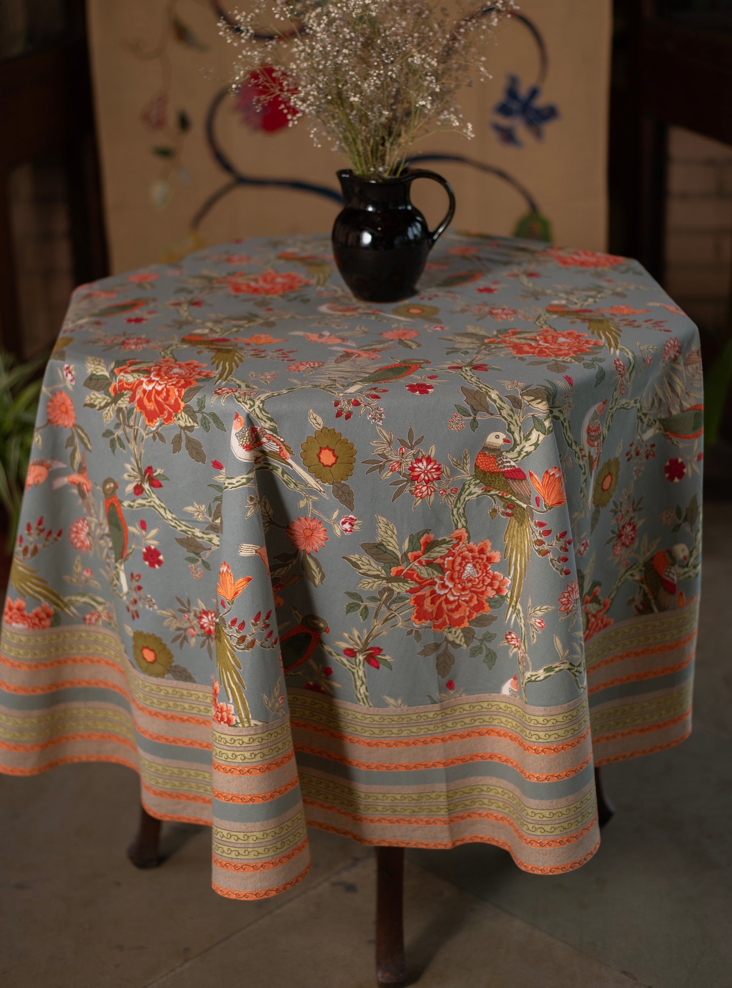 Printed Table Cloth Round With Border :  Bird  Manosque Sheeting