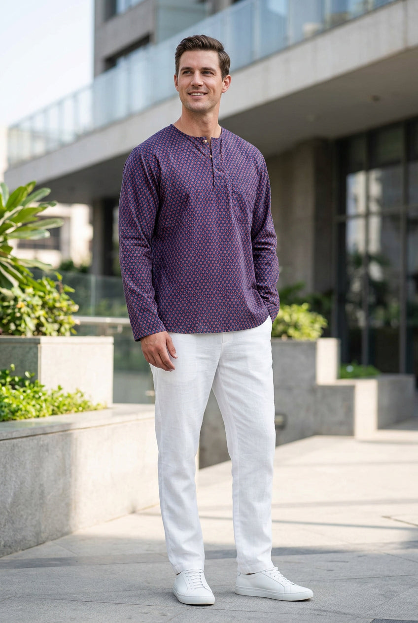 Mens Sailor Shirt Full Sleeves : Alaknanda Navy Cotton Satin