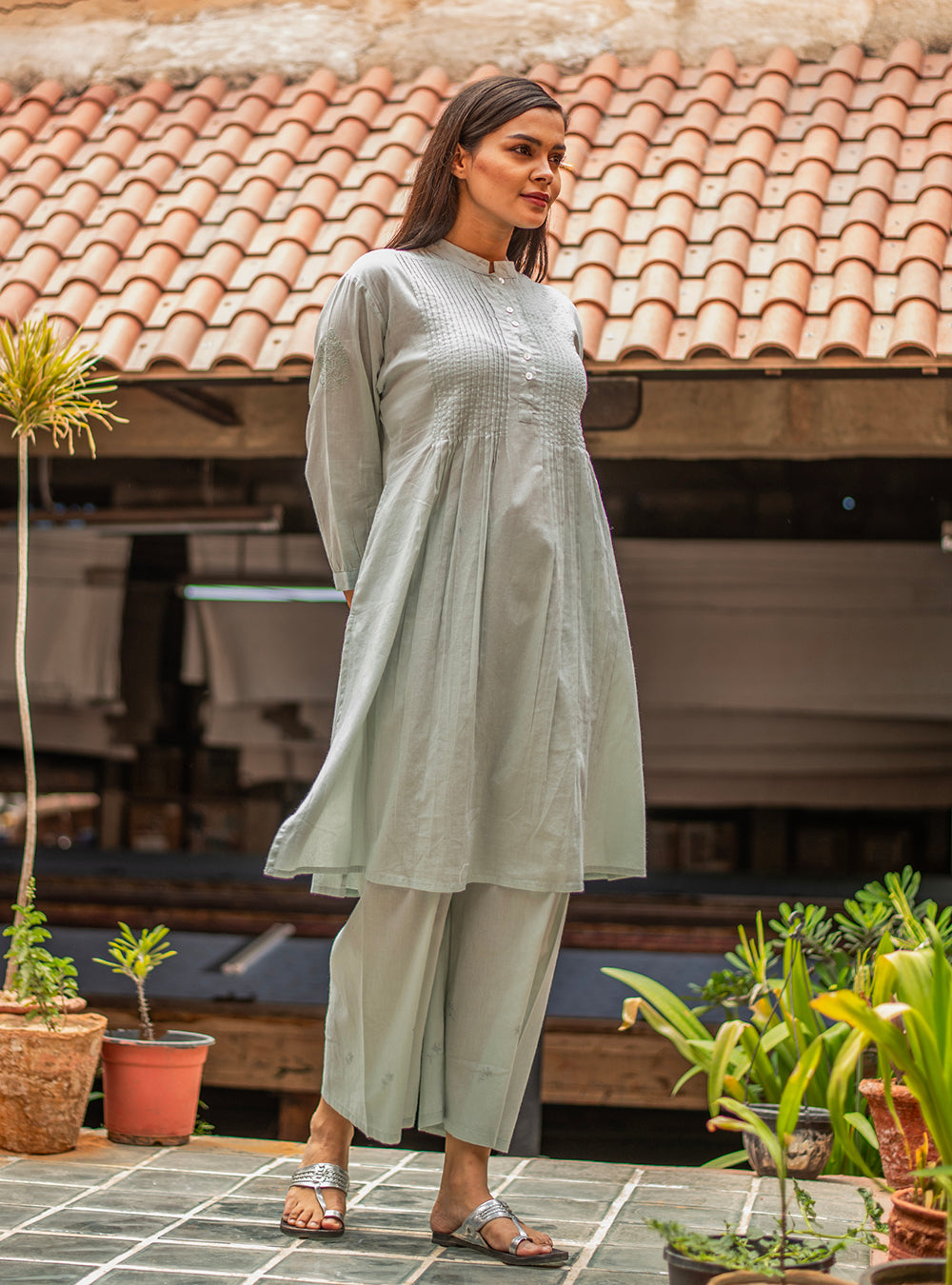 Shabnam Kurta Embroidered : Solid Aqua Voile