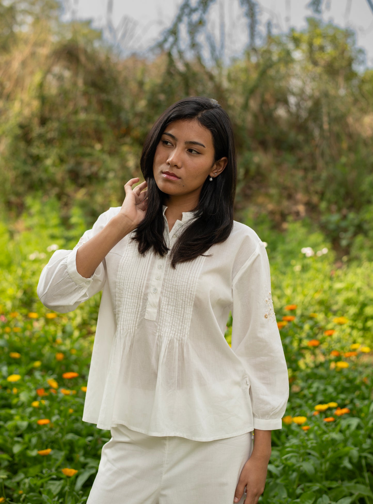Shabnam Embroidered Top :  Solid White Voile