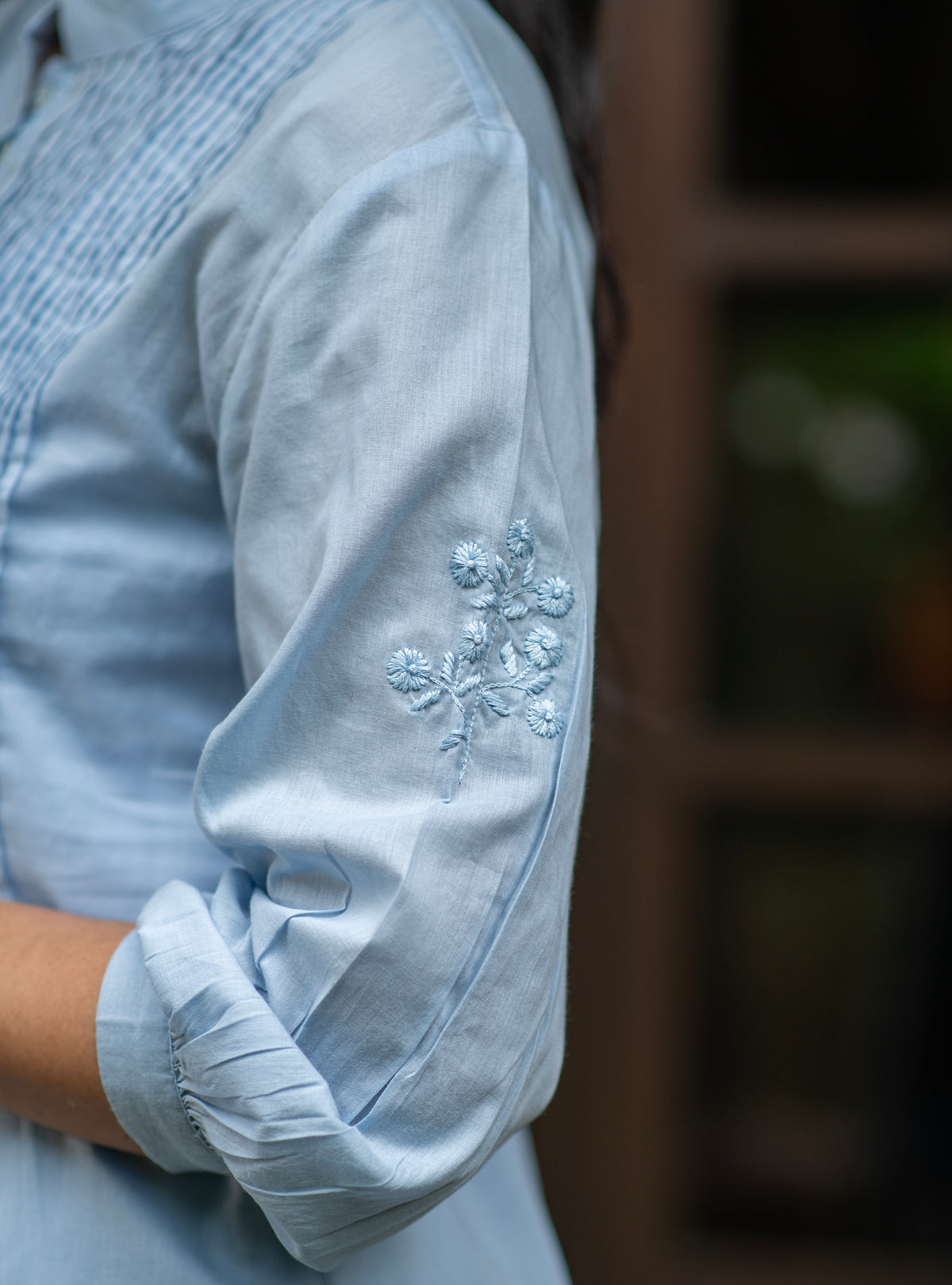 Shabnam Top Emb : Solid Blue Voile