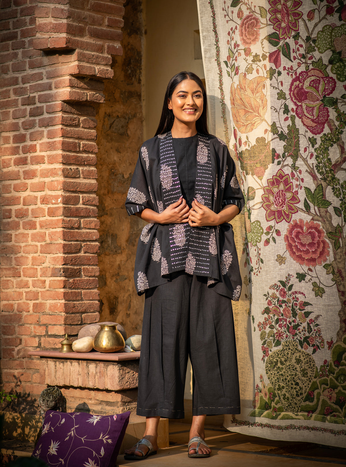 Cycle Pant Hand Embroidered :  Black Slub