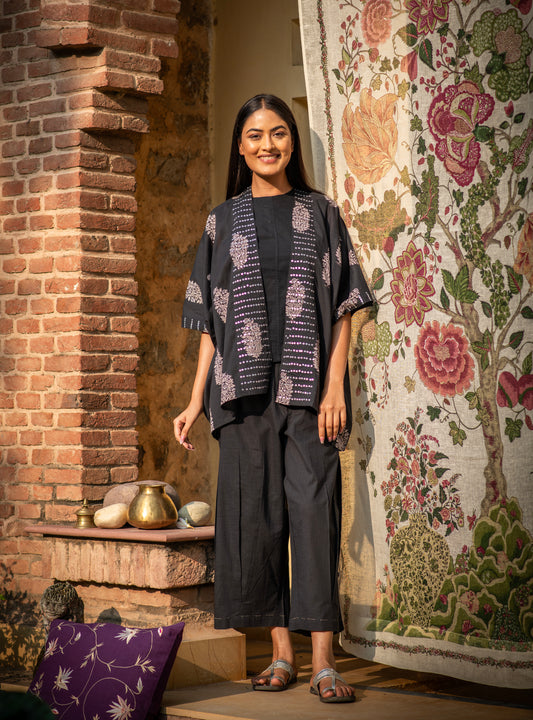 Cycle Pant Hand Embroidered :  Black Slub