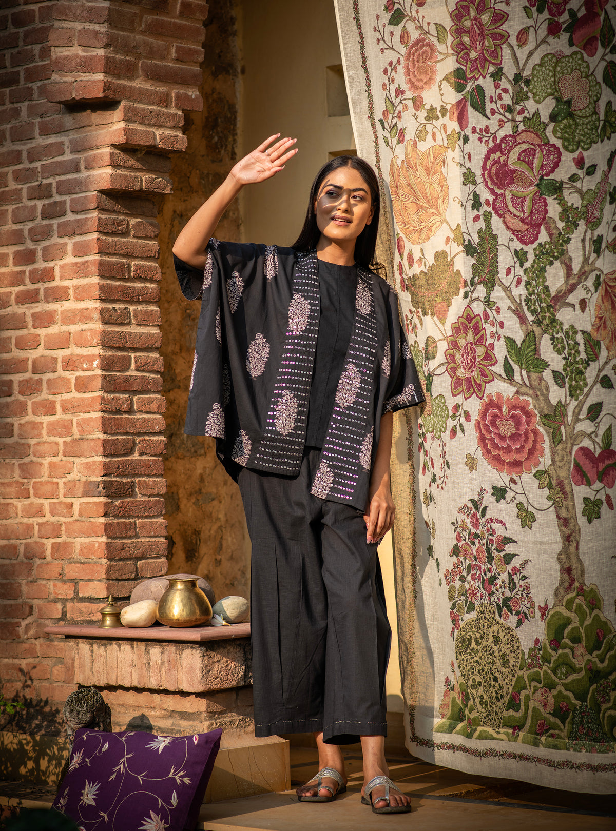 Cycle Pant Hand Embroidered :  Black Slub