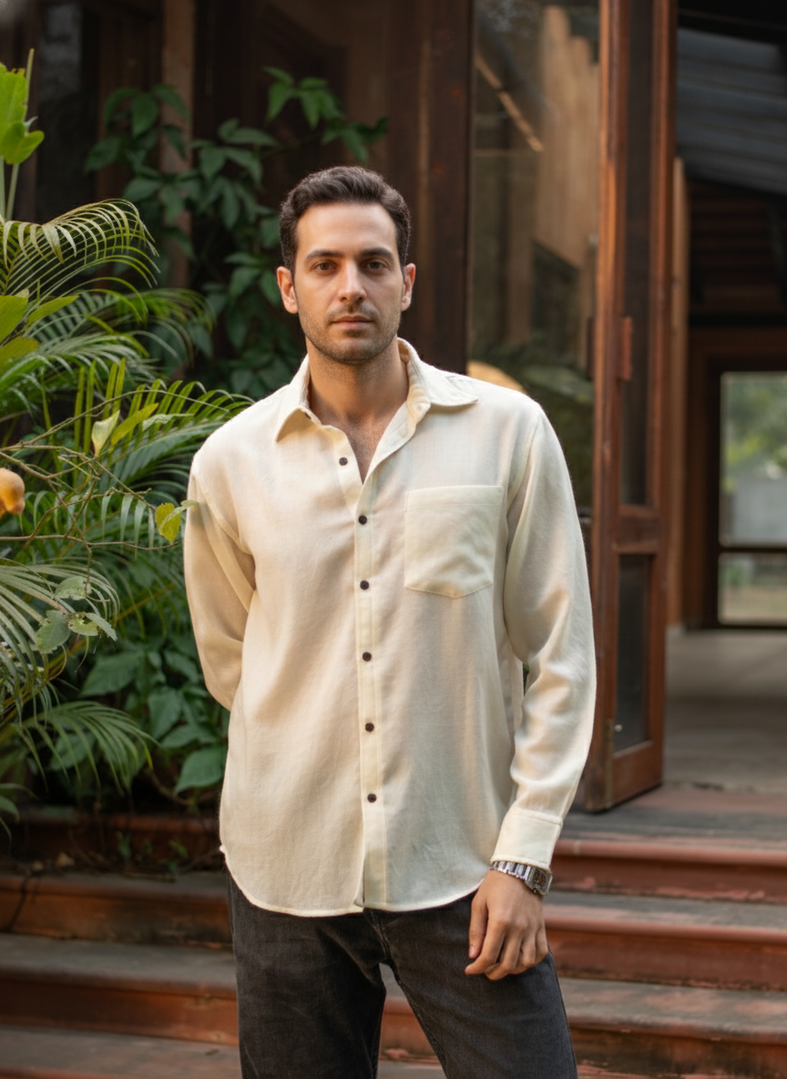 Xavier Shirt Full Sleeves : Solid Cream Twill Wool