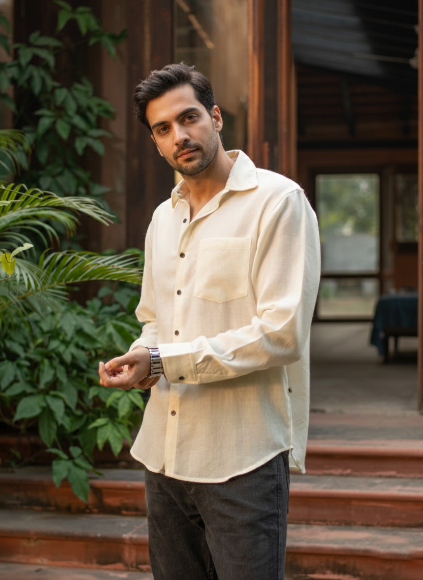 Xavier Shirt Full Sleeves : Solid Cream Twill Wool