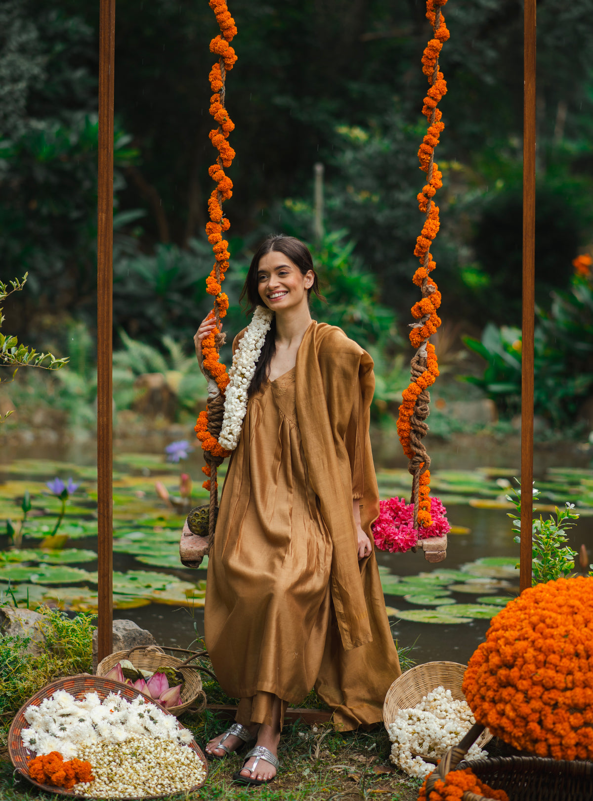 Slim Pant : Hand Applique Gold Chanderi