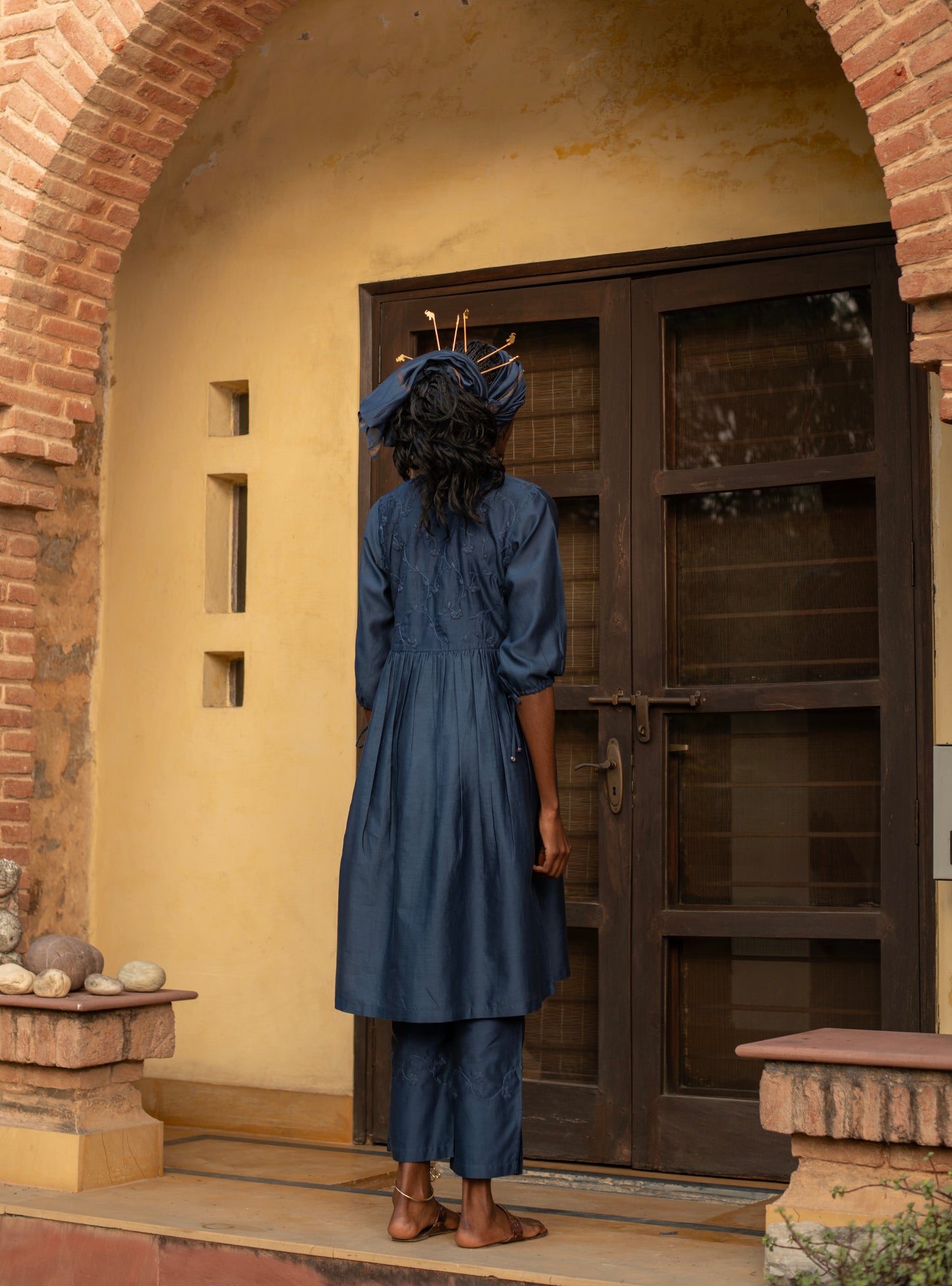 Slim Pant : Hand Applique Navy Chanderi