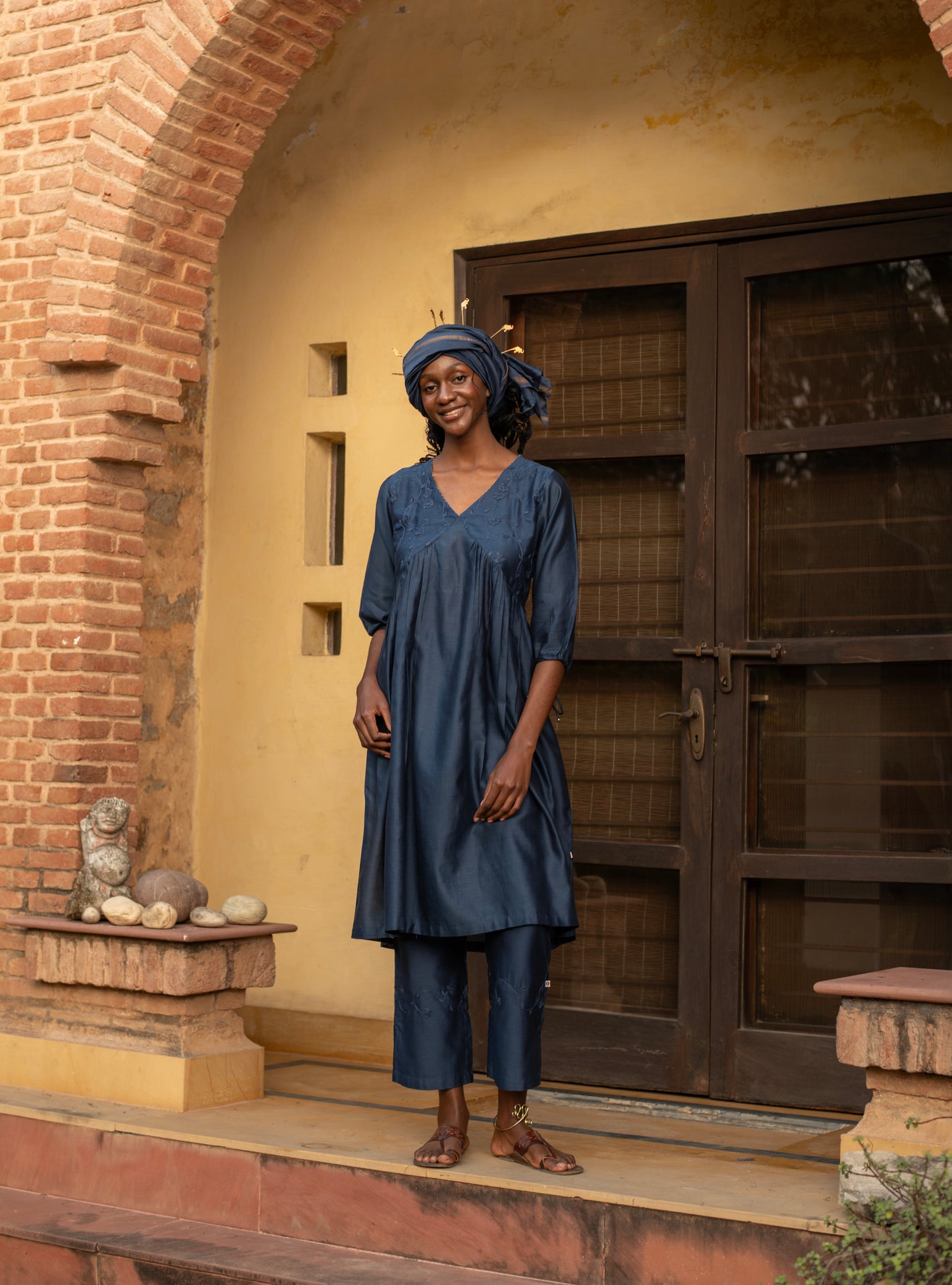 Slim Pant : Hand Applique Navy Chanderi