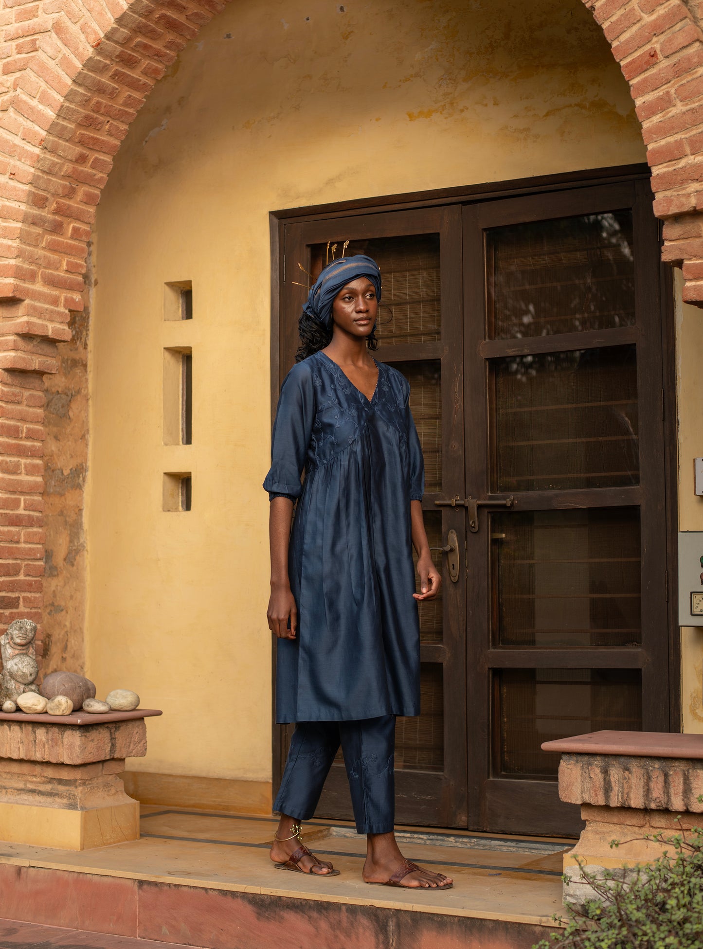 Slim Pant : Hand Applique Navy Chanderi
