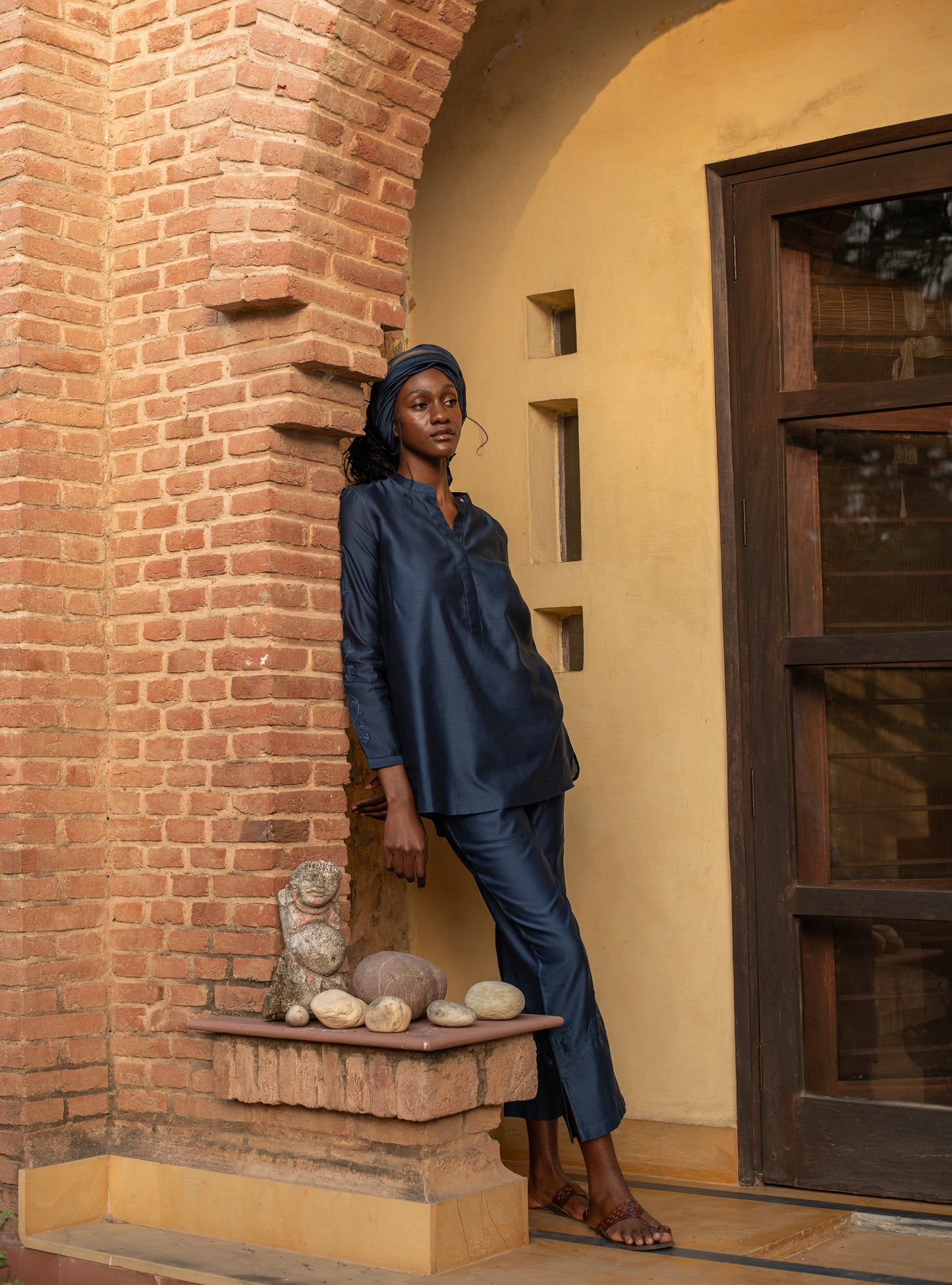 Slim Pant : Hand Applique Navy Chanderi