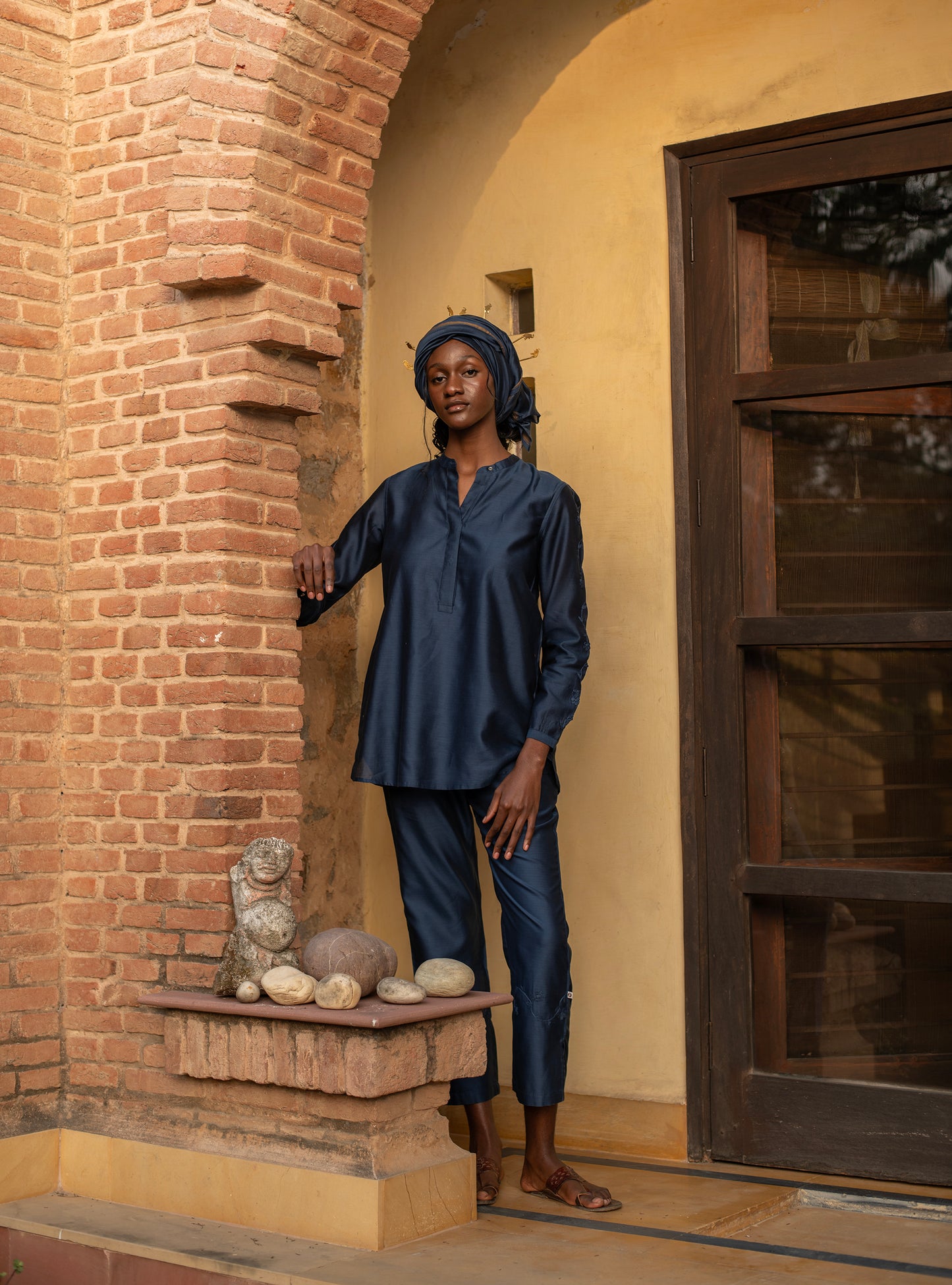Slim Pant : Hand Applique Navy Chanderi