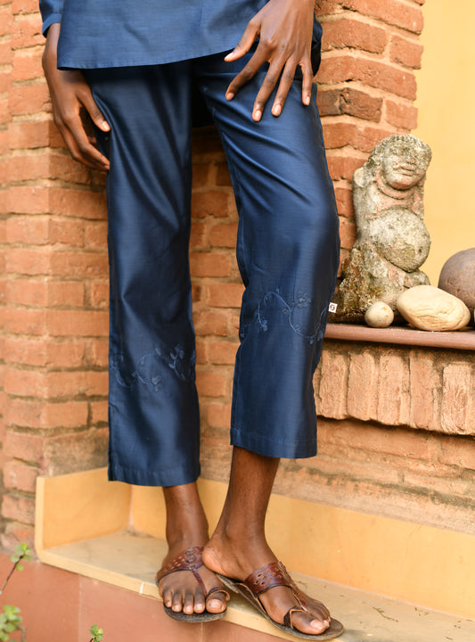 Slim Pant : Hand Applique Navy Chanderi