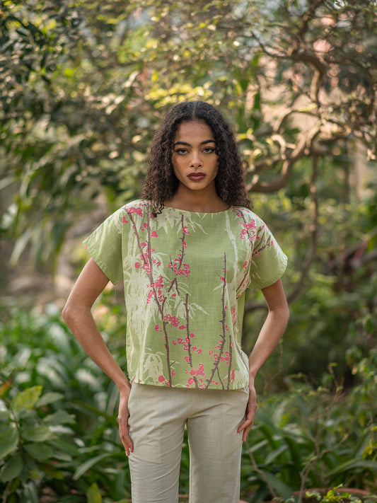 Square Top : Cherry Blossom Green Voile