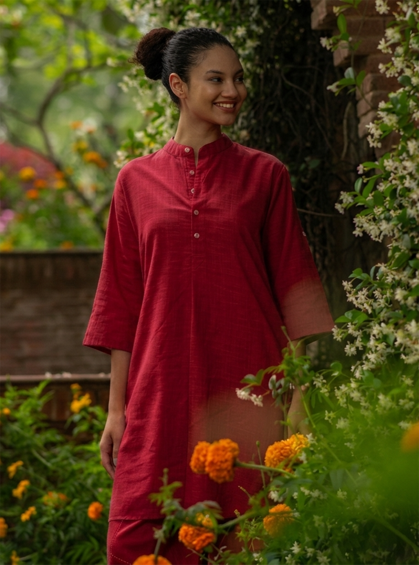 Trucker Kurta : Solid Coral Slub