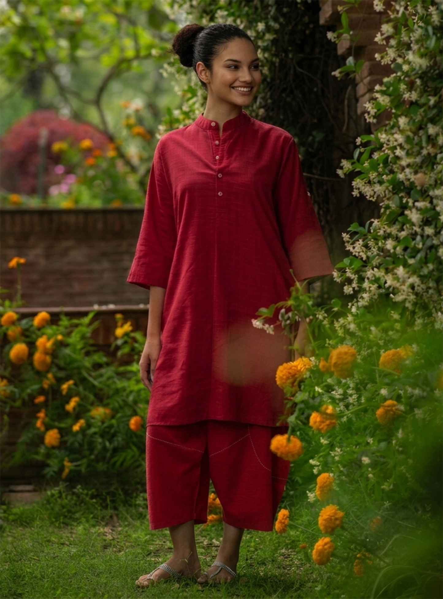 Trucker Kurta : Solid Coral Slub
