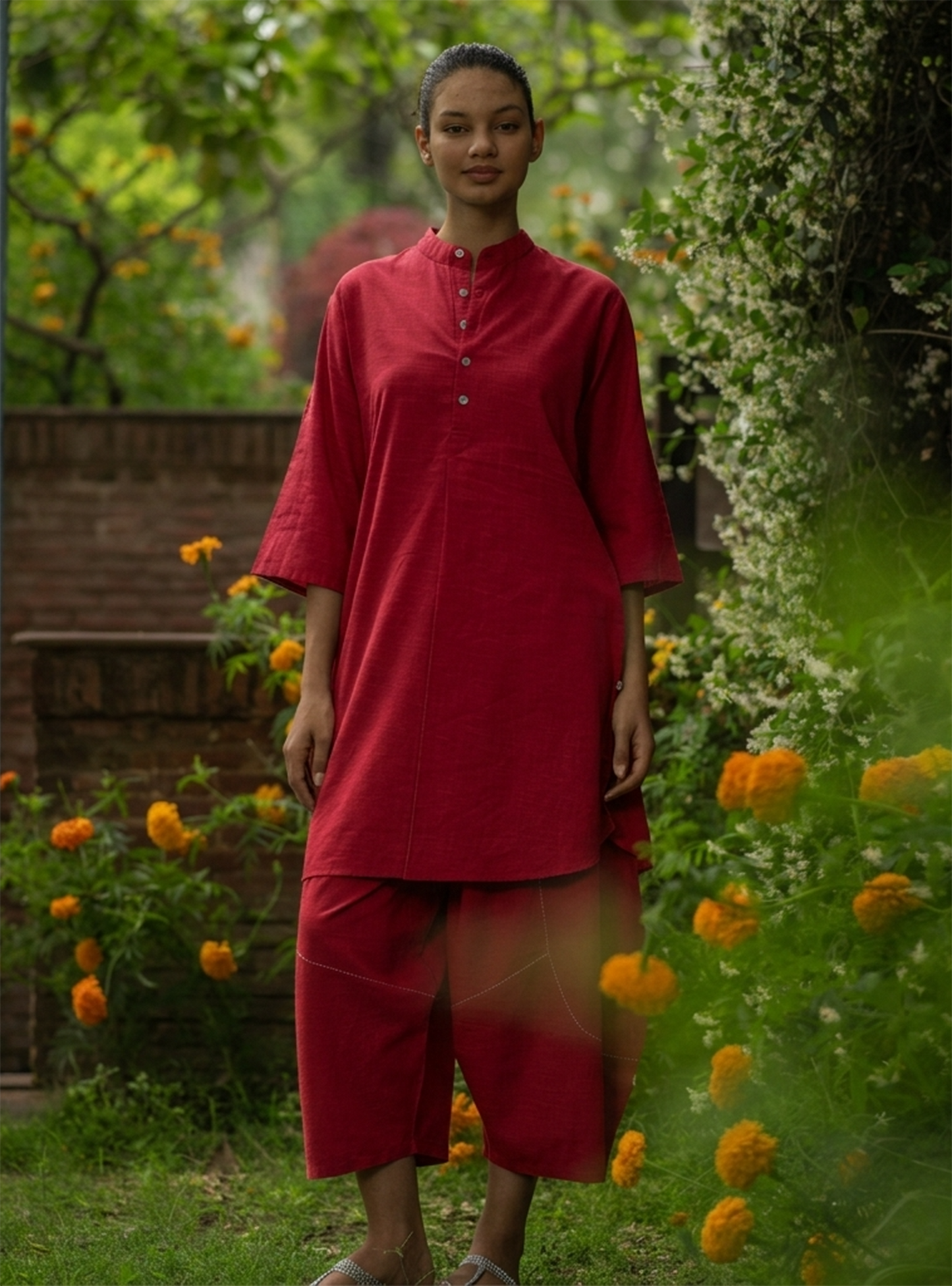 Trucker Kurta : Solid Coral Slub
