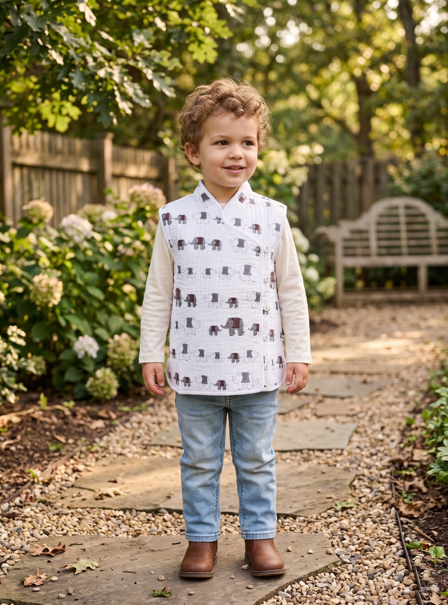 Kids Quilted Vest : Elephant  Grey Voile