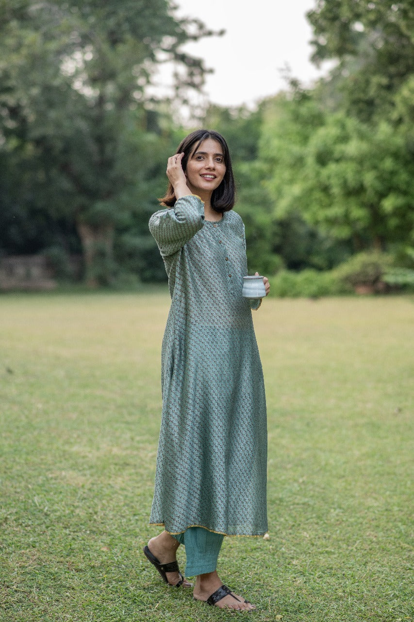 A Line Kurta : Dhania Teal Chanderi