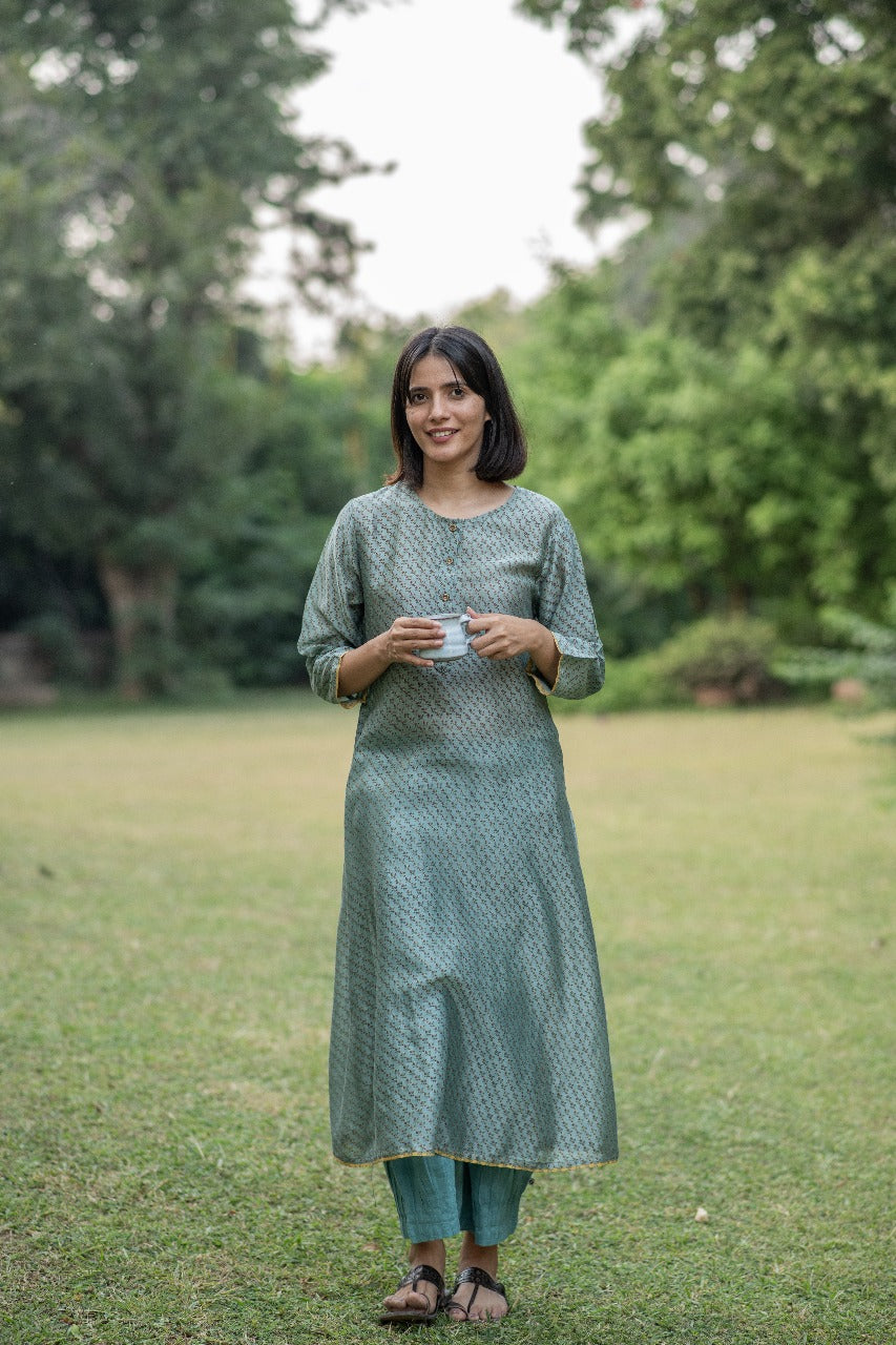 A Line Kurta : Dhania Teal Chanderi