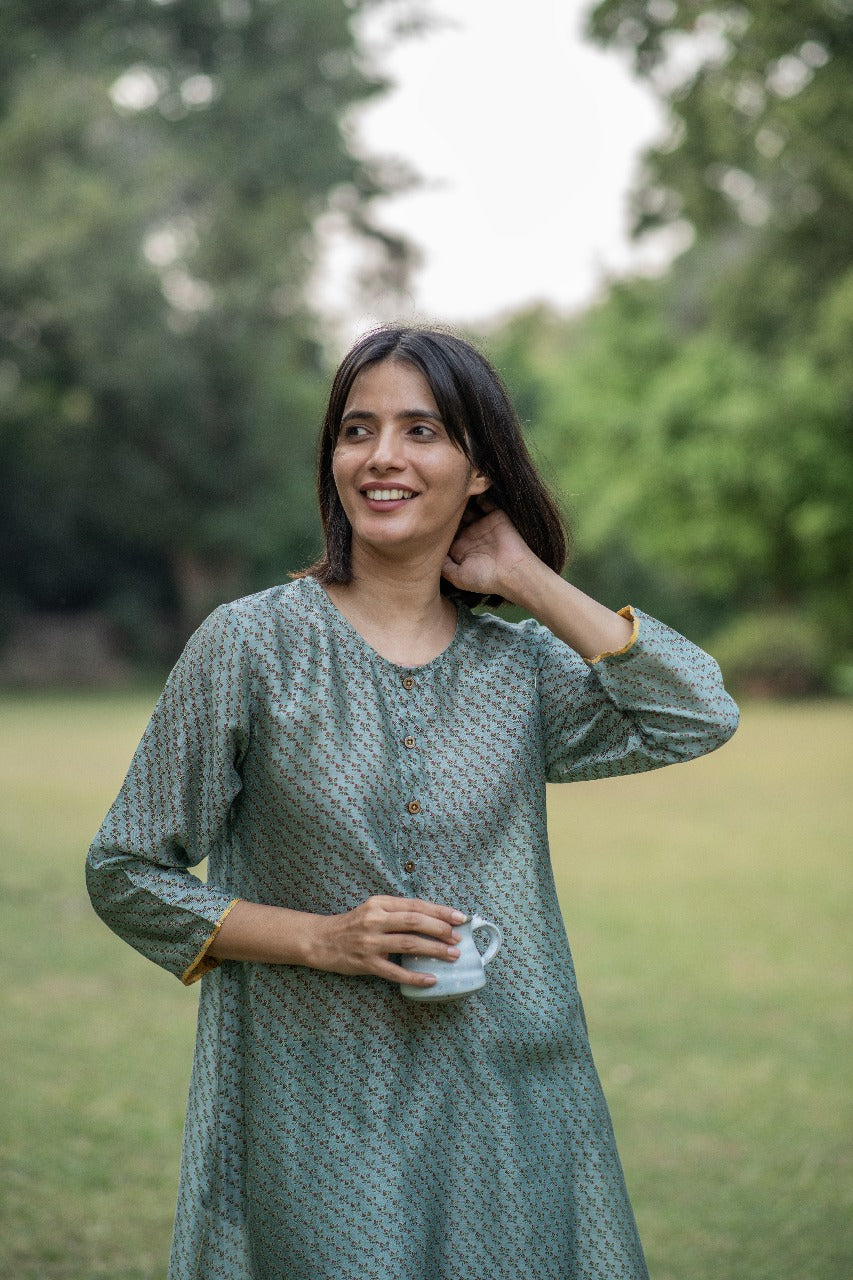 A Line Kurta : Dhania Teal Chanderi