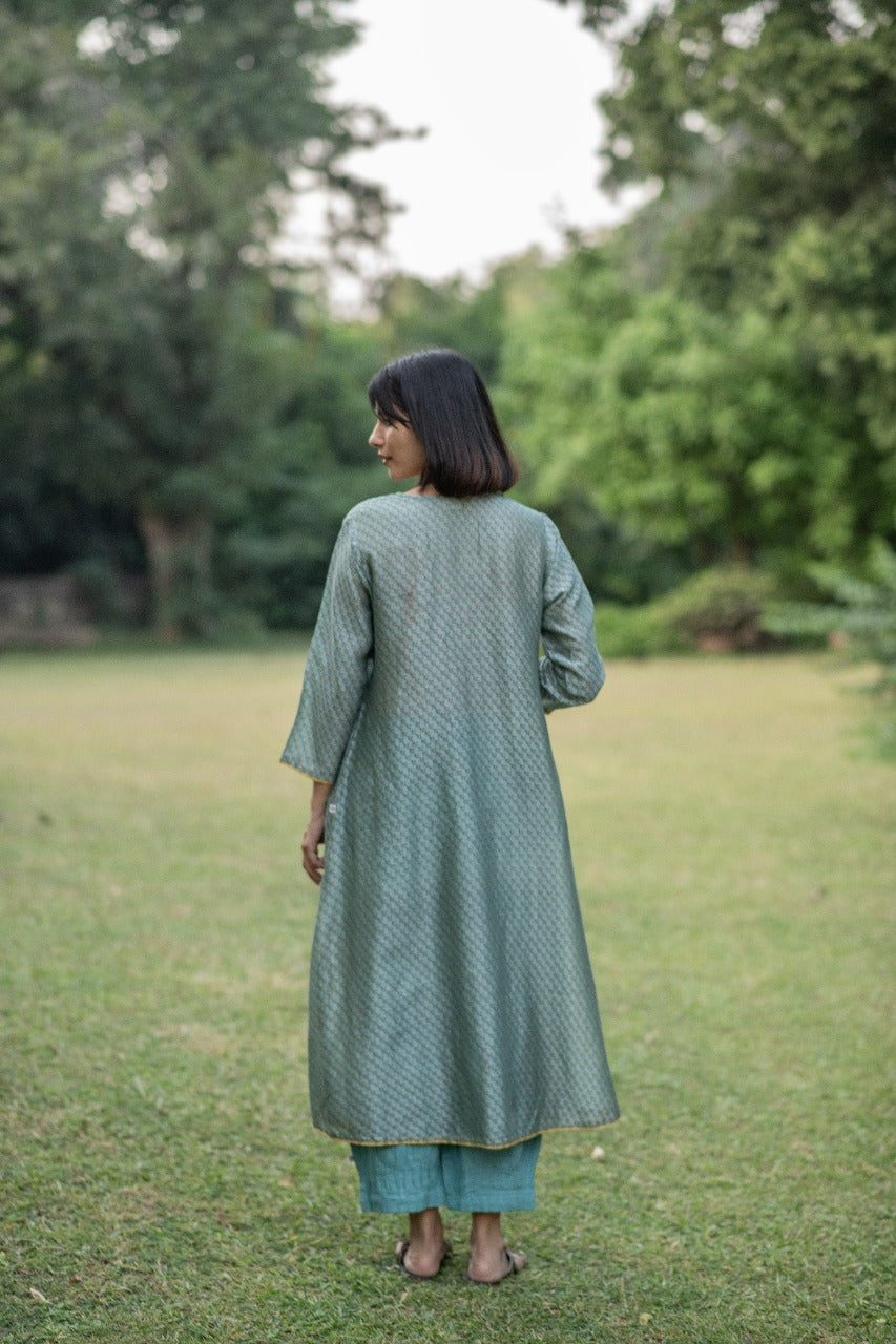 A Line Kurta : Dhania Teal Chanderi