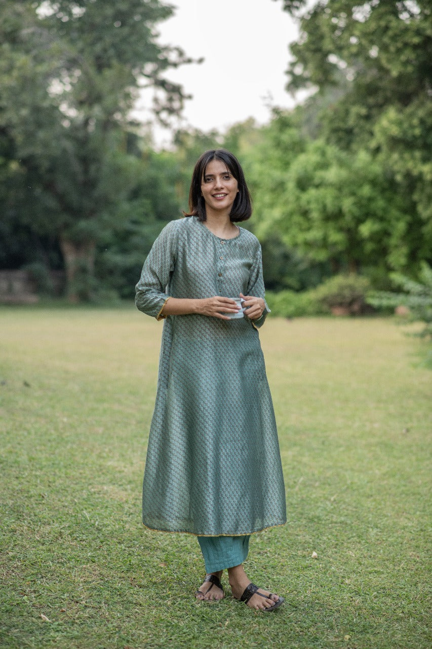 A Line Kurta : Dhania Teal Chanderi
