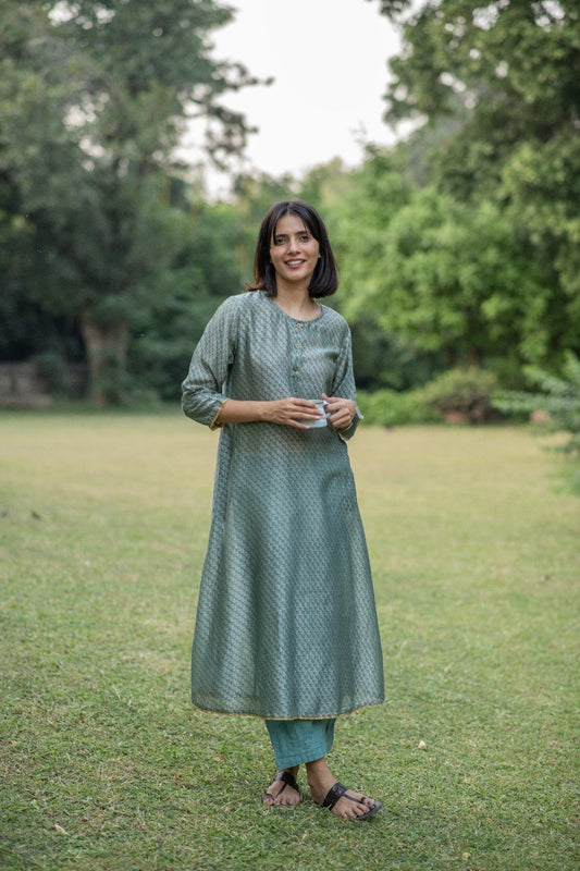 A Line Kurta : Dhania Teal Chanderi