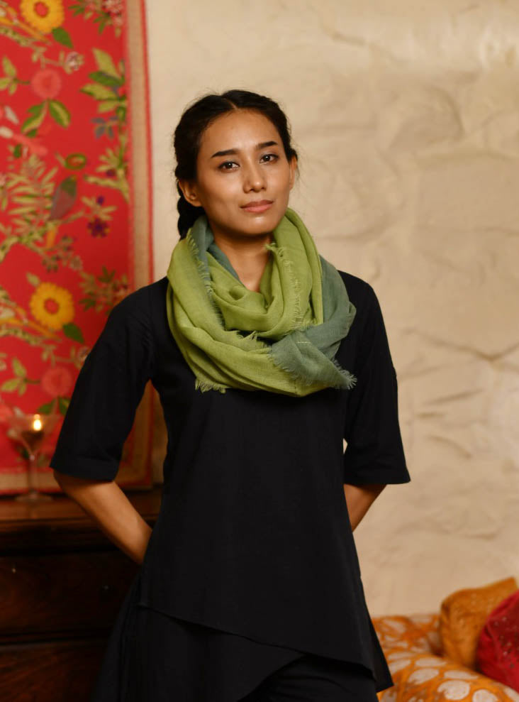 Double Layered Stole : Solid Green+Moss Matty Wool