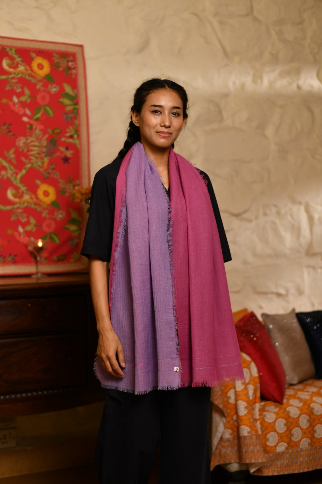 Double Layered Stole : Solid Lalic+Plum Matty Wool