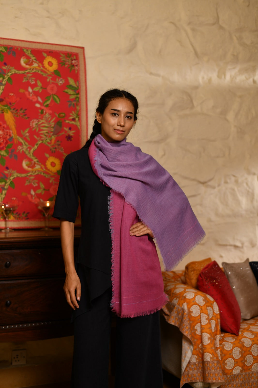 Double Layered Stole : Solid Lalic+Plum Matty Wool