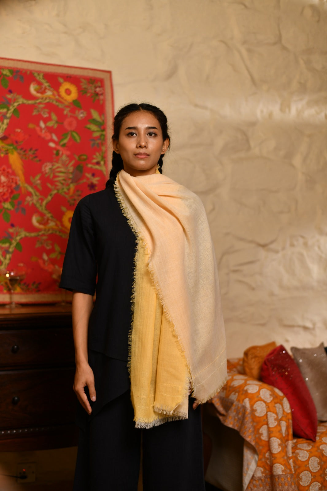 Double Layered Stole : Solid Beige+Gold Matty Wool