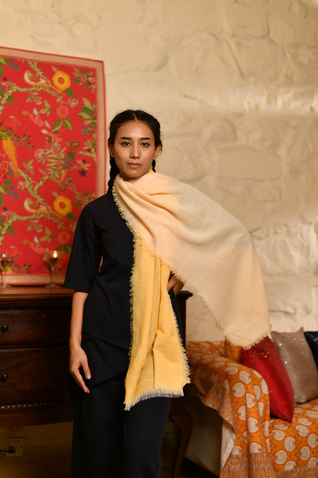 Double Layered Stole : Solid Beige+Gold Matty Wool