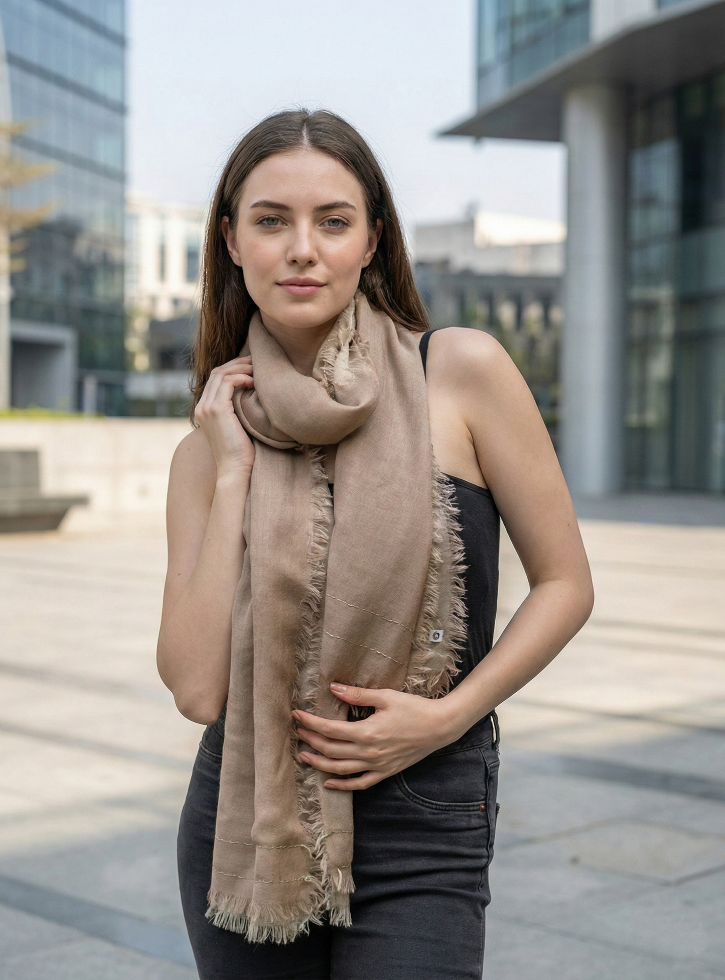 Double Layered Stole : Solid Khaki Wool