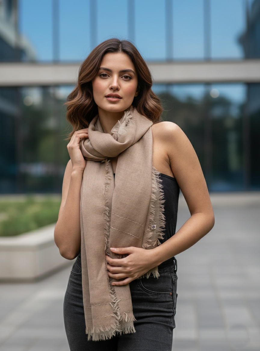Double Layered Stole : Solid Khaki Wool