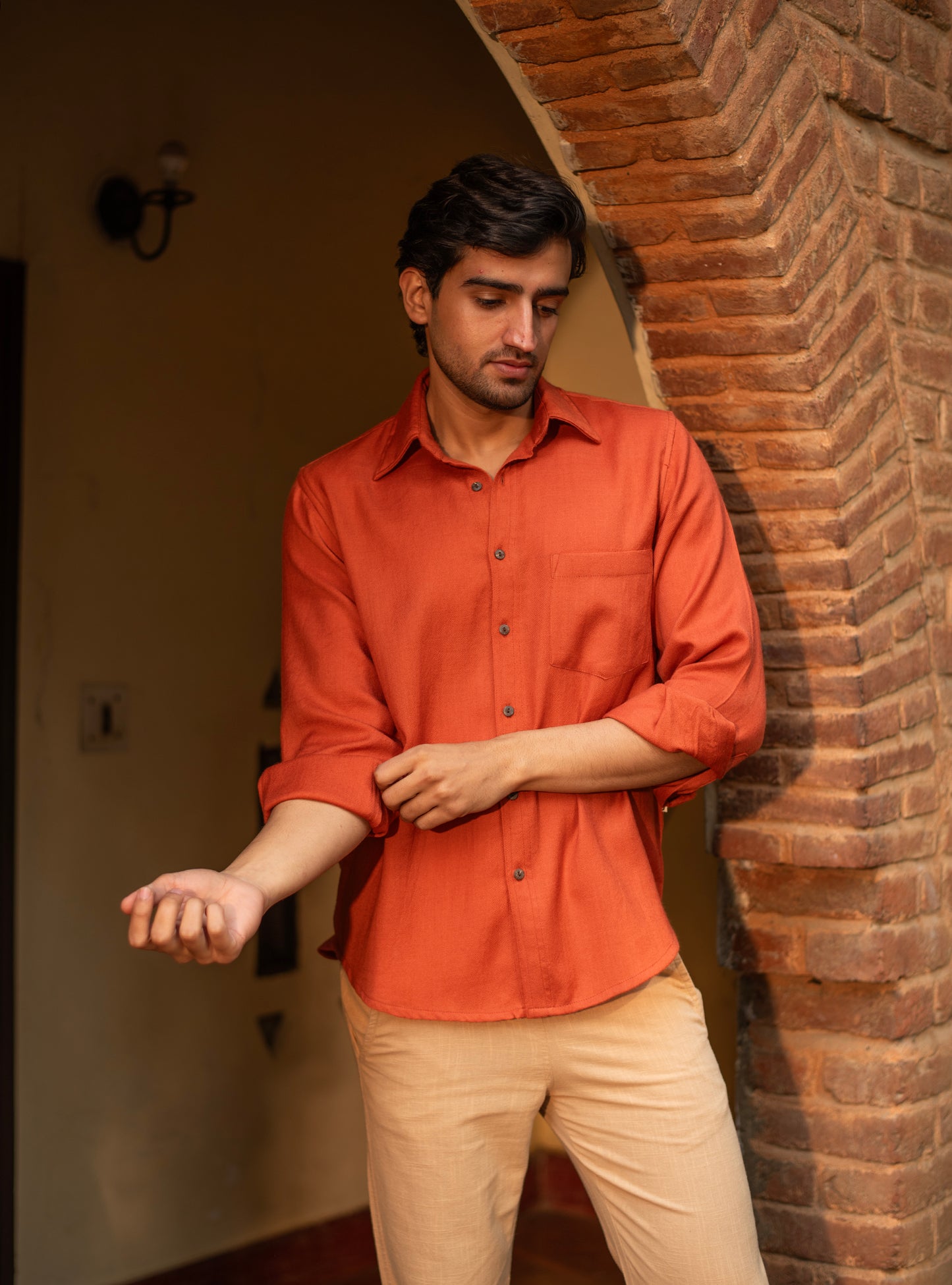 Xavier Shirt Full Sleeves : Solid Paprika Twill Wool