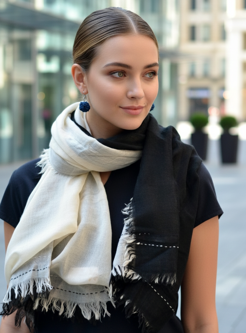 Double Layered Stole : Solid Black Ivory Wool