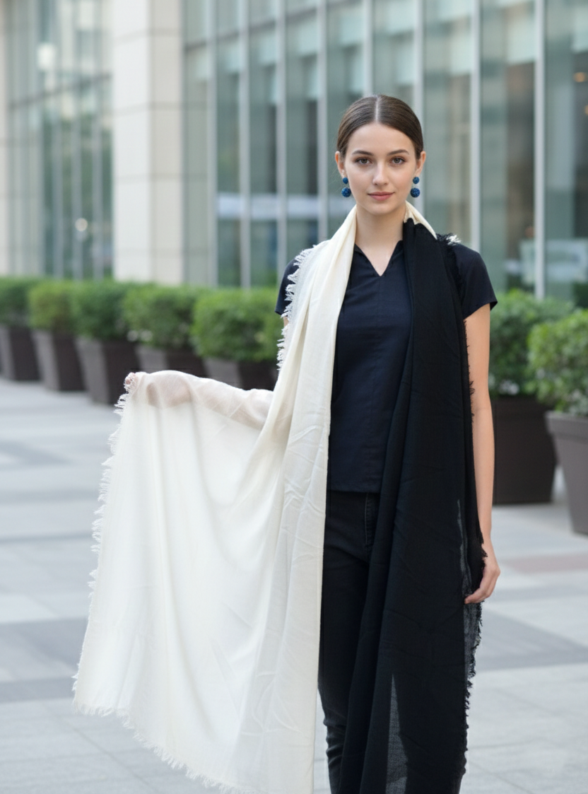 Double Layered Stole : Solid Black Ivory Wool