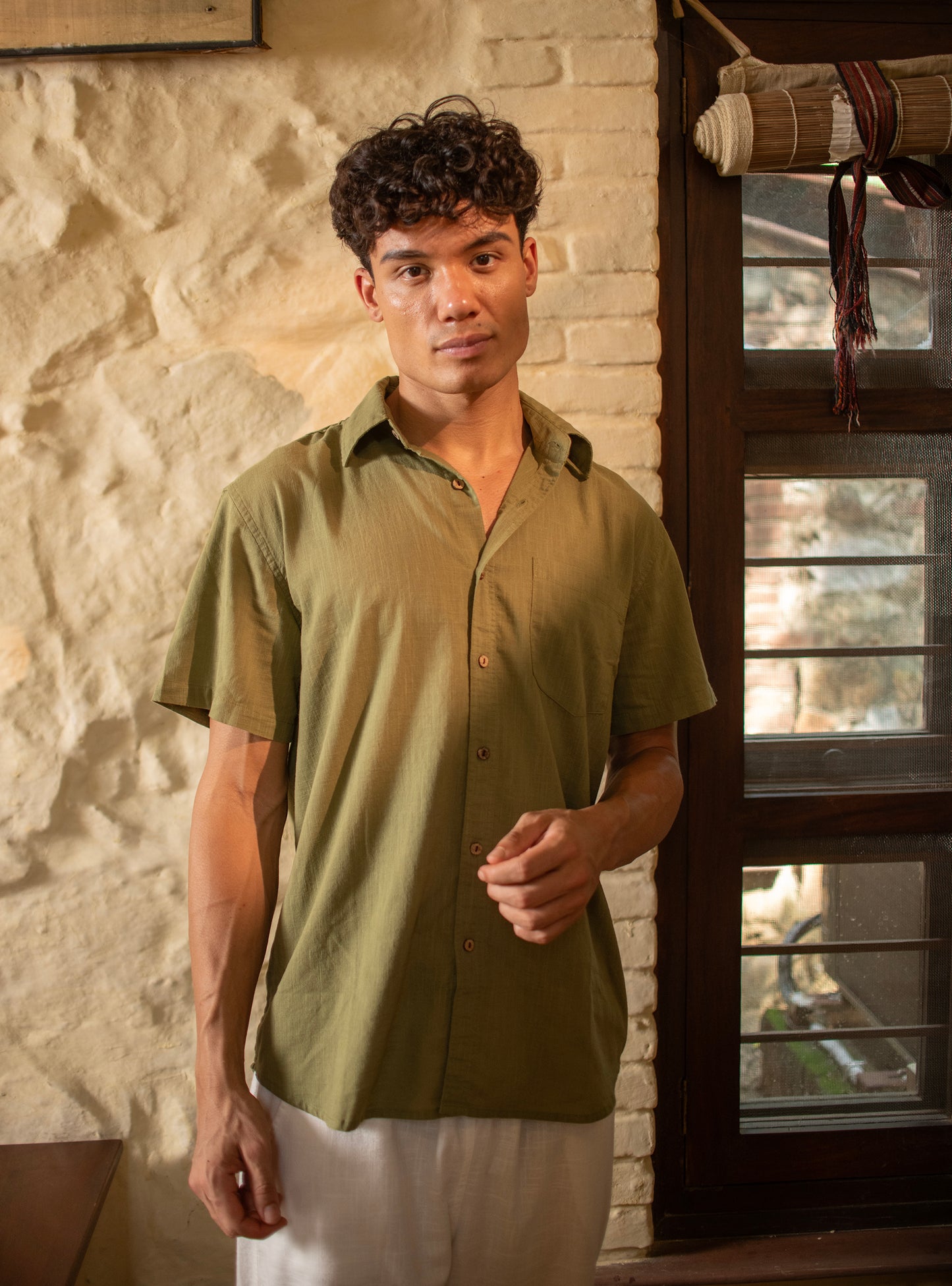 Xavier Shirt Half Shirt : Solid Olive Slub