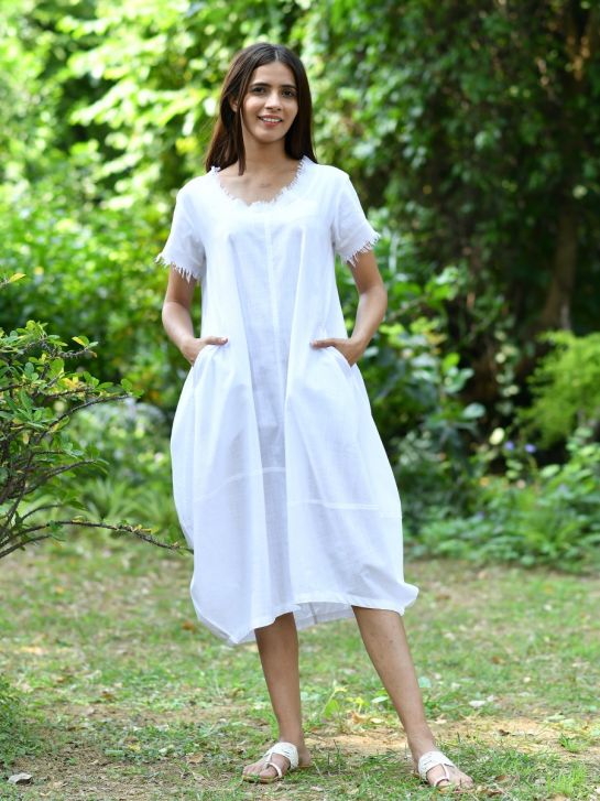 Balloon Dress : Solid White Slub