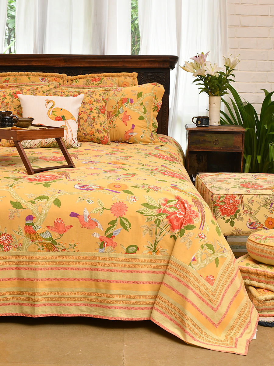 Printed Table Cloth Bed Cover With Border : Bird Yellow Sheeting