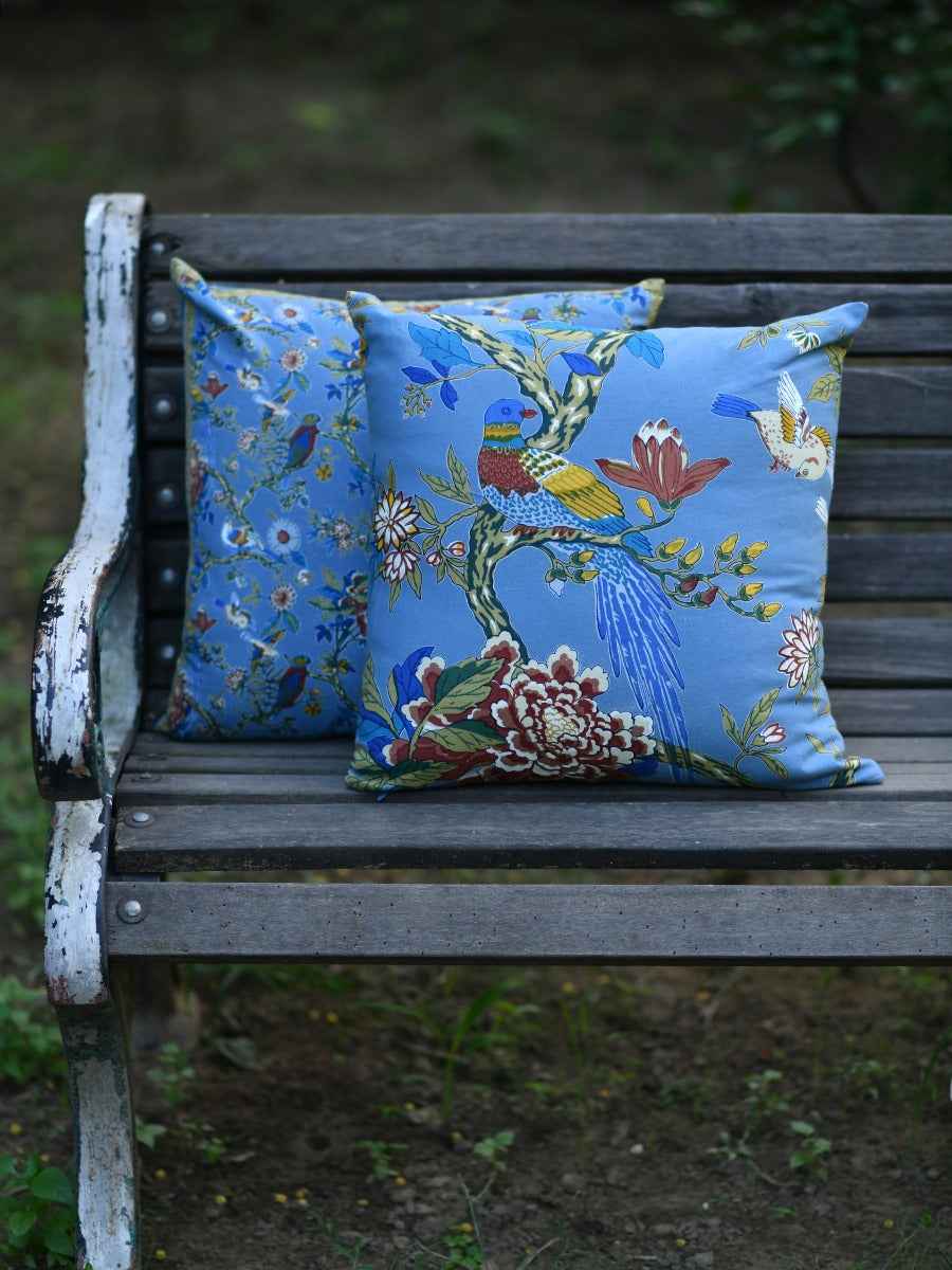 Printed Cushion Cover :  Bird  Blue Sheeting + Canvas